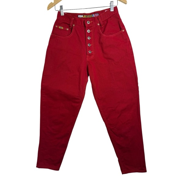 Ikeda Vintage 90s Red Mom Jeans Size 28 High Straight Denim Button Fly Rare - Picture 1 of 11